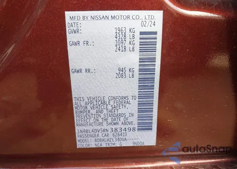 2024 Nissan Altima Sv Fwd z USA, uszkodzony, nr VIN 1N4BL4DV5RN383498